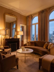 Brown and gold living room with luxury decor and warm elegant styling