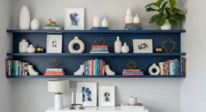 Blue shelves in living room