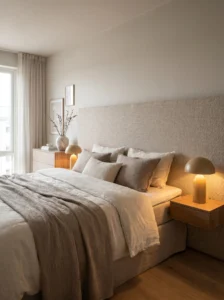 Neutral bedroom with statement headboard as a focal point