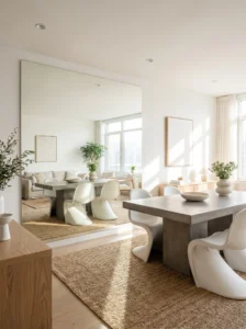 Mirror used to make living dining combo look bigger and brighter