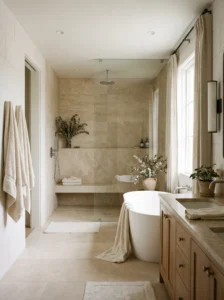 Neutral color palette shower design with calming beige and white tones