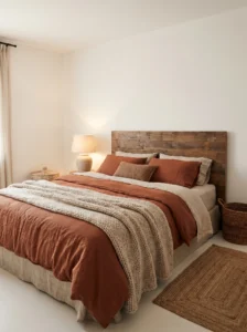 Rust and white bedroom with cozy warm earthy styling