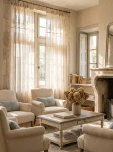 sheer curtains French country living room light airy style