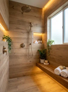 Wood-look tile shower design adding warmth to modern bathroom