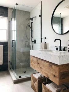 Bathroom with mixed materials wood marble and black fixtures
