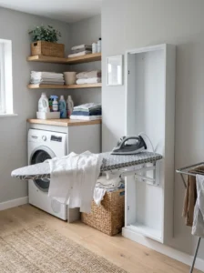 Wall-mounted ironing board saving space in laundry room