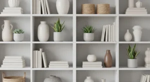 White open shelving styled with minimal decor and plants