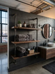 Industrial pipe shelving in bathroom for unique storage style