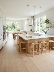 Scandinavian kitchen with light wood flooring enhancing brightness and openness
