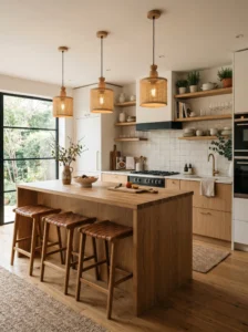 Pendant lights with wood accents in warm modern kitchen design