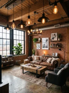 Industrial style lighting with exposed bulbs in a modern living room