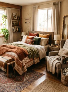 Cozy teen bedroom with multiple throw blankets for added warmth