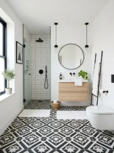 White bathroom with patterned floor tiles adding contrast and personality