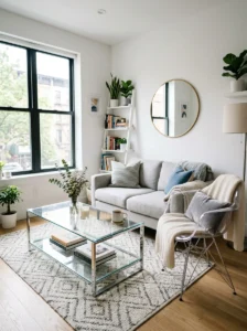 Transparent furniture in a small living room reducing visual clutter and enhancing openness