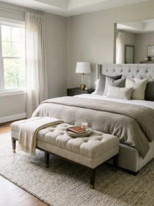 Bench at the foot of the bed adding style and functionality to a luxury bedroom