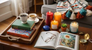 Coffee table styled with colorful decor for a vibrant look
