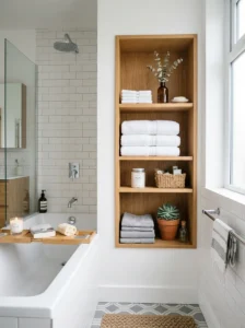Bathtub with built-in shelves for organized and functional bathroom space