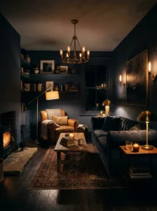 Moody lighting fixtures in dark living room creating warm ambiance