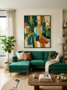 Green couch with statement wall art living room decor