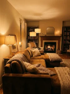 Brown couch living room with warm lighting for a cozy atmosphere