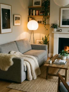 Grey couch styled with cozy throw blanket for a warm living space