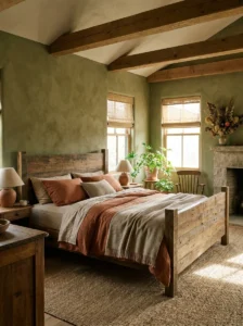 earthy green bedroom with wooden furniture and warm tones