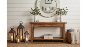 Farmhouse style behind sofa table decor