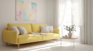 Yellow couch paired with white curtains for a light and airy look