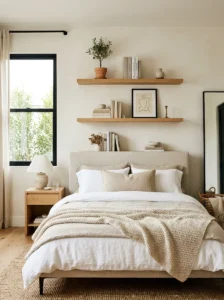 Floating shelves in a modern men’s bedroom with minimal and stylish decor