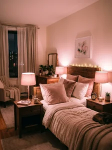Pink lighting in bedroom creating cozy and warm ambiance