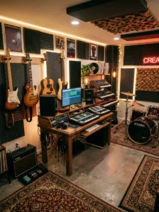 “Basement music studio with instruments and sound panels”