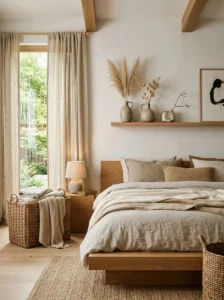 Japandi bedroom with handmade decor and natural materials