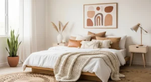 Minimal boho bedroom focusing on texture over clutter