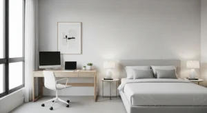 Minimal decor keeping a guest room office clean and clutter-free