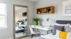 Mirror making a teen bedroom feel bigger and brighter