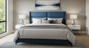 Blue headboard acting as a focal point in a bedroom