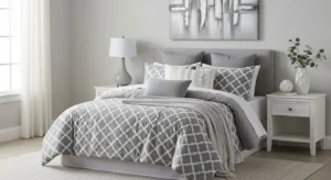 Grey and white patterns adding texture to a bedroom