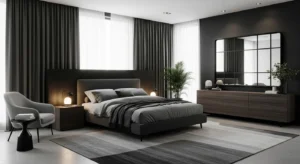 Dark and grey combination creating a modern bedroom look
