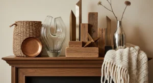 Mixed texture decor on fireplace mantle