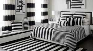 Striped accents adding pattern to a black and white bedroom