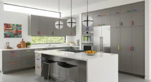 Bright cabinet hardware adding small pops of color