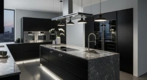 Black and grey kitchen creating a modern layered look