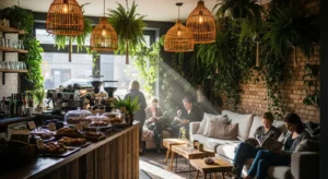 Coffee bar with greenery creating a fresh cozy feel