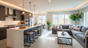 Breakfast bar linking kitchen and living room