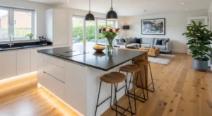 Breakfast bar linking kitchen and living area