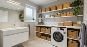 Storage baskets organizing washing machine area