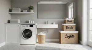 Storage baskets organizing washing machine area