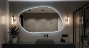 Statement mirror enhancing dark bathroom
