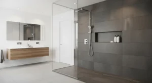 Grey shower tiles creating a clean look
