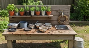 Mud kitchen with plants for creative play